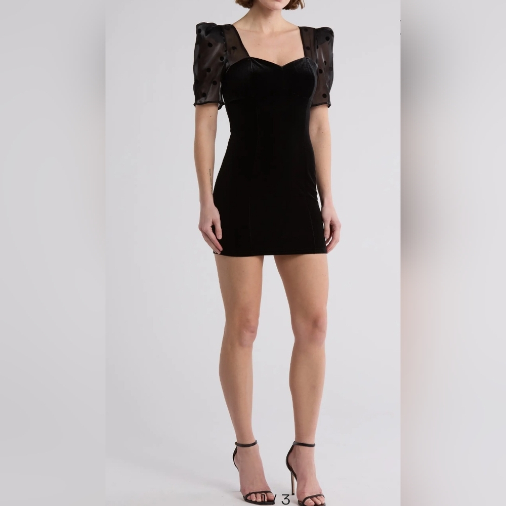Lush- Elegant Black Velvet-Mini Dress- Sheer Puffy With Poka Dot Sheer Sleeves.